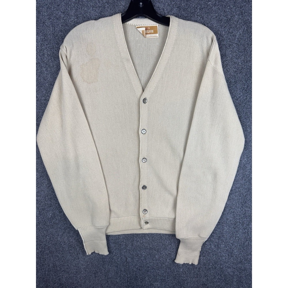 Vtg Jantzen Men's Large Cardigan Beige Grandpa Sweater Kurt Cobain Grunge USA